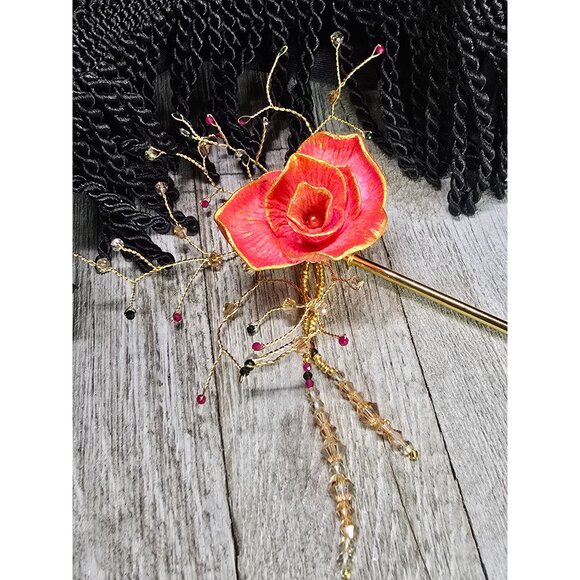 Unique Handcrafted Elegant Gemstone Asian Inspired Pink and Gold Rose Hair Stick - Picture 3 of 7